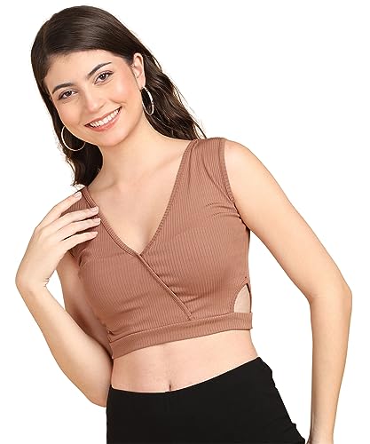 Image of POPWINGS Women Casual Rust Self Design Rib Deep V Neck Sleeveless Cutout Crop Top | Women Tops | Women Regular Tops | Women Tops | Women Stylish Tops