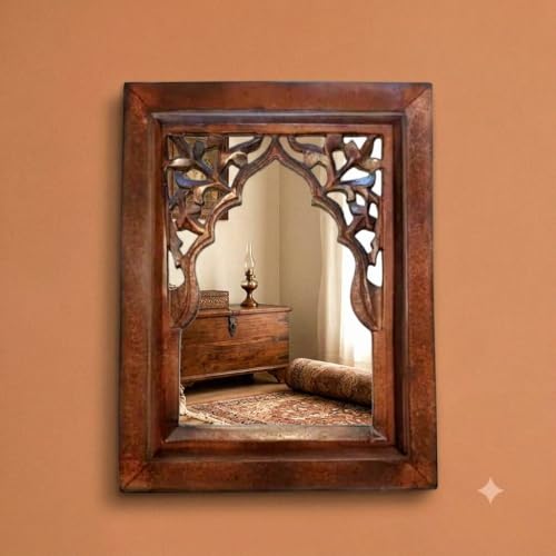 Image of Antique Black Hand Carved Wooden Jharokha Wall Mirror Frame for Home & Bedroom Decor - Traditional Arch Design (12x9 Inch) (Antique Black)