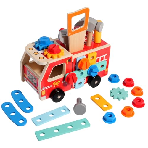 Ziyonix 32 Pièces Jouet en Bois Outil pour Enfants, Boîte à Outils Camion de Pompier pour Garcon Fille 3 4 5 Ans, Jeux Montessori Éducatif Développement de la Motricité et Créativité