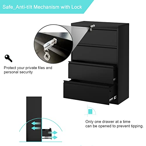 Gangmei Black 4 Drawer Metal Lateral File Cabinet With Lock, Metal Storage File Cabinet With Large Deep Drawers, Wide File Cabinet With Letter/Legal Size, For Home Office,Assembly Required(4 Drawer) #TOP3