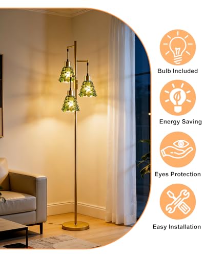 Image of 3-Light Modern Glass Floor Lamp, Gold Standing Tall Lamp with Cylinder Green Glass Shade for Reading, Dimmable LED Floor Lamp with 5Lbs Heavy Base for Living Room Bedroom Home Decor, Bulb Included