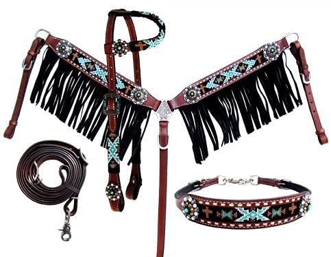 Manaal Enterprises Western Premium Leather Equestrian Trail Hand Carved Tooled Beaded Headstall, Breast Collar, Reins & Wither Straps Size Full (Bead Tack Set_31, Full)