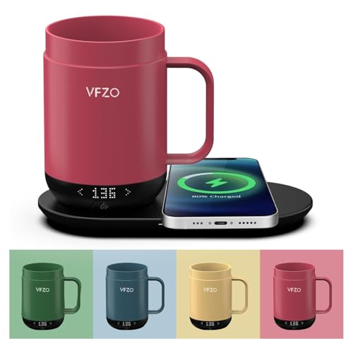 VFZO 16Oz Temperature Control Smart Mug, Self Heating Coffee Mug LED Display, 180 Min Battery Life - Hot up to 149℉ Fast Wireless Charger Base Improved Design (16oz, Dusty Rose)