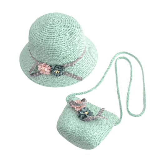 Conjunto de playa infantil: sombrero de paja de ala ancha verde con bolso de niña