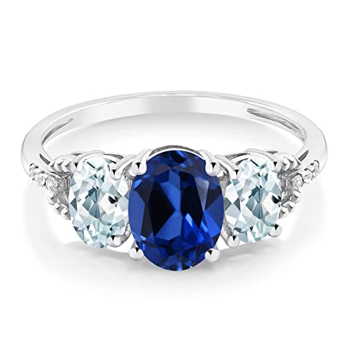 Gem Stone King 10K White Gold Blue Created Sapphire Sky Blue Aquamarine and Diamond Accent 3-Stone Engagement Ring | 2.51 Cttw | 3 Stone Wedding Anniversary Promise Ring For Women3