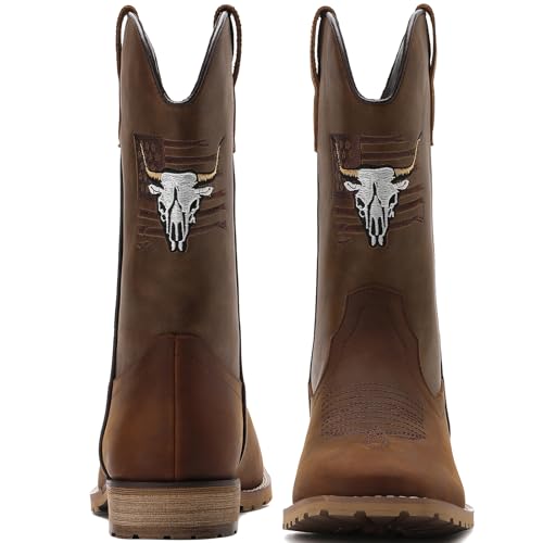 Image of JASONSTAR Western Cowboy Boots for men, Vintage Distressed Brown Square Toe Mid-Calf Boots with Longhorn Skull American Flag Embroidery, Non-Slip Rubber Sole Comfortable for Riding Outdoor Daily Wear