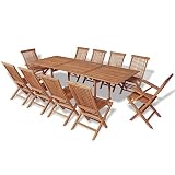 Al producto se le ha aplicado un bonito acabado para darle a la madera un color cálido.La entrega incluye 1 mesa de comedor de jardín, 2 sillas plegables con reposabrazos y 8 sillas plegables sin reposabrazos.