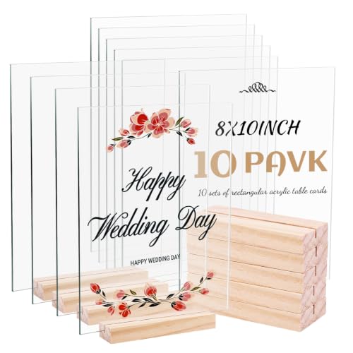 Image of Bercoor 10 Pack 8x10 Inch Blank Clear Acrylic Sign with Wooden Stands, Rectangle Top Acrylic Sheet, DIY Acrylic Rectangle Table Numbers for DIY Name Card Gifts Event Party Sign Decoration