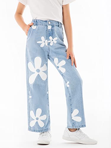WDIRARA Girl's Floral Print High Waist Button Wide Leg Jeans Long Denim Pants3