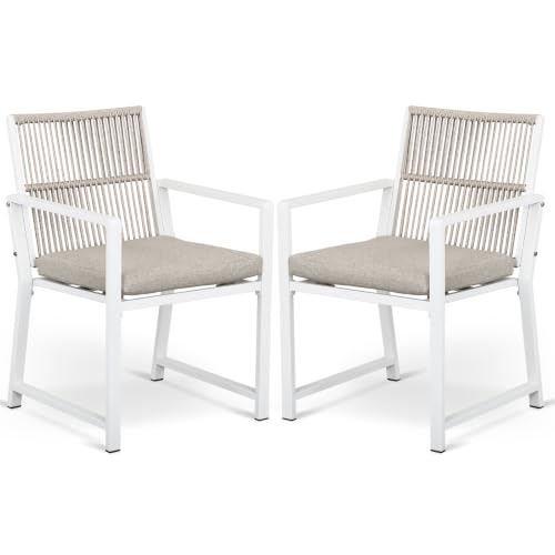 Coreporch Outdoor Patio Dining Chair All-Weather Woven Rope Outdoor Chairs Set of 2 Sturdy Steel Frame 400 lbs Ergonomic Backrest Removable Breathable Cushion for Patio & Garden White