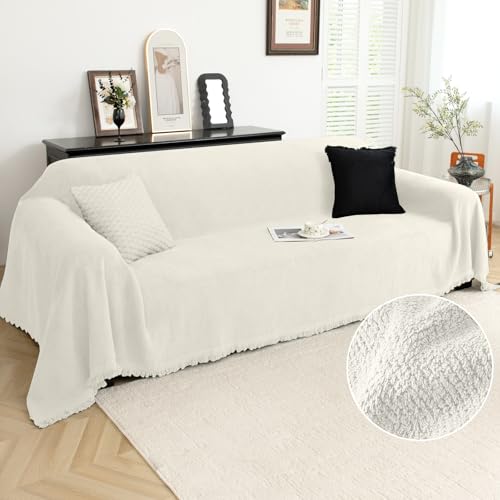 Arfntevss Love Seat Couch Covers Fleece Sectional Sofa Covers with Tassel Soft Plush Sofa Throw Dogs Cats Pets Couch Slipcovers Fuzzy Loveseat Covers for 2 Cushion Couch (91" x 118", Cream)
