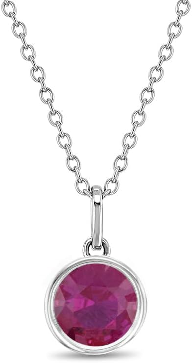925 Sterling Silver Hot Pink Round Simulated Ruby Pendant Necklace For Preteens & Teenage Girls 16" - Fun Fuchsia CZ Necklace for Girls - Sparkling Jewelry Gift For Teen Girls born in July