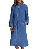 Ekouaer Women's Zip Up Robe Fleece Bathrobe Long Zipper Lounger Warm Housecoat Long Sleeve Nightgown with Pockets, Navy Blue, Large