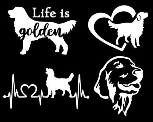 Golden Retriever Decal 4 Pack: Life is Golden, Golden Retriever Heartbeat, Golden Retriever Heart, Detailed Golden Good Doggo (Small ~3.5