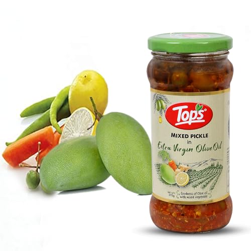 Image of TOPS Olive Oil Mixed Pickle -370 gm Glass Jar | Perfect blend of nine select seasonal vegetables in extra virgin olive oil and aromatic spices