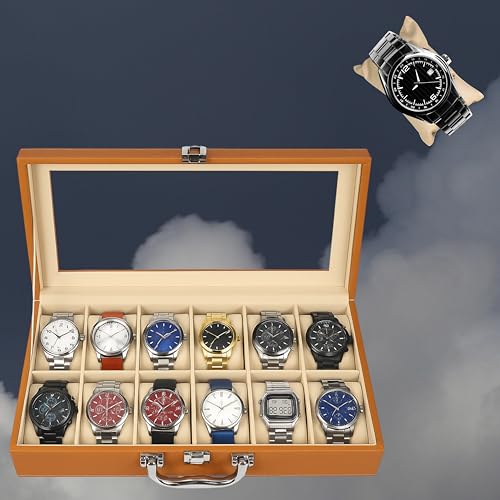 Image of ZAFCO PU Leather Watch Box Organizer with Acrylic Top, Lock & Handle - Luxury Watch Storage Case with Soft Cushions for Men & Women - Large Display Watch Holder -Tan 12 Slot