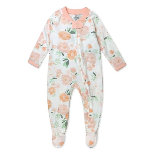 Image of HonestBaby Sleep and Play Footed Pajamas One-piece Sleeper Jumpsuit Zip-front Pjs Organic Cotton for Baby Girls, Unisex, White Peach Blossom Floral, 0-3 Months