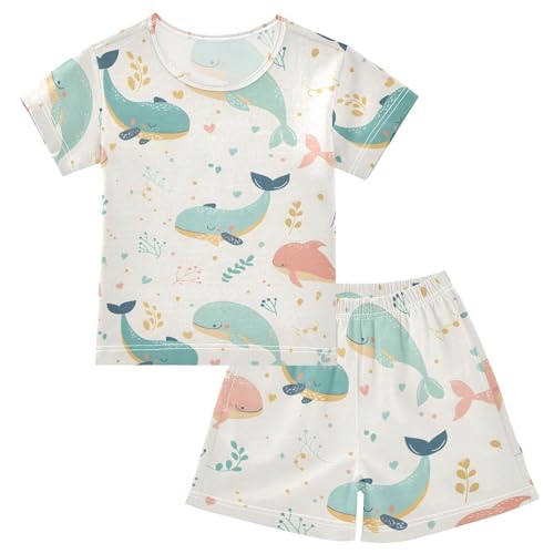ALAZA Cute Whale Heart Fish Pajamas Short Sleeve 2 Piece Sleepwear Top and Bottom Pajama Set Unisex