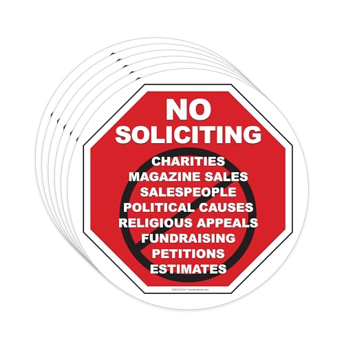 ZOCO – No Soliciting Window Clings (6-Pack) – 5-Inch Round Vinyl Decals for House or Office Windows – No Solicitors Sign, Easy to Apply & Reuse – Static Grip, Indoor Use