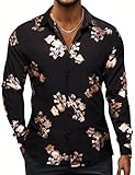 Hi-Tie Black and Rose Gold Printed Dress Shirts for Mens Shiny Floral Long Sleeve Button Down Party Disco Performing Shirt