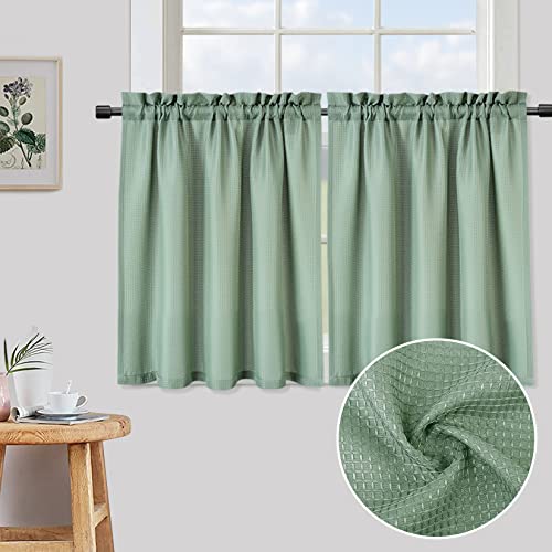 Homerry Short Curtains Bathroom Small Window Curtains Half Window Tier Curtains Farmhouse Waffle Woven Textured Window Treatment Sets For Bathroom Kitchen Bedroom Living Room, Sage Green 30" W X30 L #TOP1
