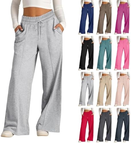 Wide Leg Sweatpants Women Drawstring Elastic High Waisted Baggy Joggers Casual Y2K Lounge Sweat Pants with Pockets