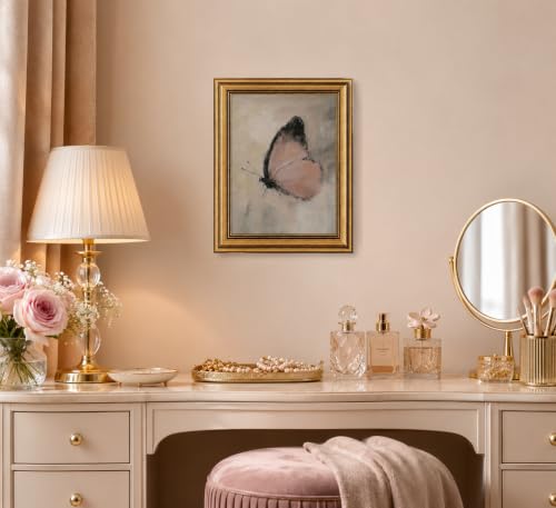 Image of Gold Framed 3D Textured Wall Art, Vintage Pink Butterfly Canvas Prints, Moody Cottagecore Moth Pictures Decor, Boho Rustic Farmhouse Insect Artwork for Living Room Bedroom Bathroom 9x11inch