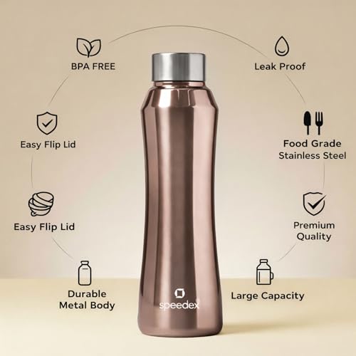 Image of Speedex Stainless Steel Water Bottle 1 Ltr, Leak Proof Screw Cap, BIS Approved 1000 ml Metal Bottle For Daily, Office, School, Gym, Travel Use for Men, Women, Kids, Adults, Copper Gold, Set of 4