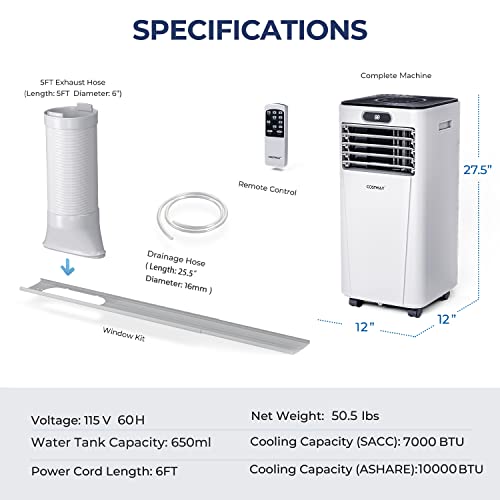COSTWAY Portable Air Conditioner, 8000BTU(SACC:5300BTU/H) Air Cooler with Drying, Fan, Sleep Mode, 2 Speeds, 24H Timer Function, Remote Control, Cools Room up to 230 Sq. ft, Air Cooling Fan for Home & Office Use, Window Kit Included, White(8000BTU)