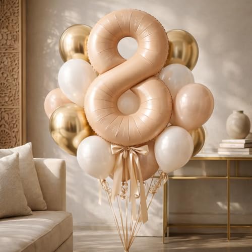 Image of WP WANNA PARTY 40 Inches Apricot Super Shape Number 8 Balloon, Number Balloons for Themes & Events, Birthday Supplies & Decoration -Caramel Light Brown Foil Number Balloon, 1 Piece
