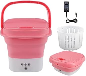 Washing Machine Portable, Mini Foldable Washer and Spin Dryer Small Foldable Bucket Washer for Camping, RV, Travel, Small Spaces, Lightweight and Easy to Carry Plastic Pink