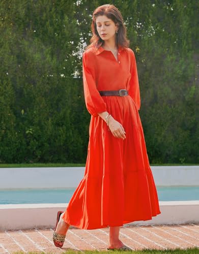 Image of Women Button Down Maxi Shirt Dress Long Sleeve Flowy Tiered Collared Dresses with Pockets