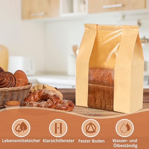 Winter Shore Brottüten Papier Groß Bäcker (50er-Pack) - Lebensmittelechte Braune Papiertüten mit Fenster - Papiertüten Braun für Hausgemachtes Brot, Sauerteig, Laib, Kekse, Geschenke - 21 x 9 x 35 cm