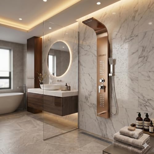 Image of ARAMO Shower Panel - Wave with Waterfall Shower, Massage Jet, 5 Water Functions (Rose Gold)