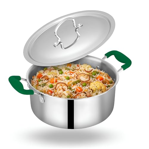 Image of Zira Triply Stainless Steel Casserole | Biryani Pot with Lid 22cm 4.0L | Fire Proof, Stay Cool Silicone Handle | Biryani Pot Heavy Bottom | Induction & Gas Friendly Triply Cookware| 10 Year Warranty