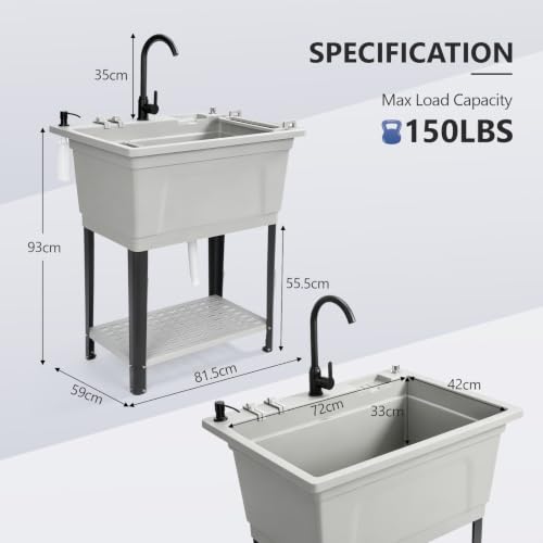 Image of VINGLI Freestanding Utility Sink with Faucet, 36 inch Heightened Basin for Laundry, Garage, Outdoor Garden, Pet Wash, Heavy Duty Plastic Laundry Tub with Storage Shelf (Gray, 32 inchLx24 inchWx36 inchH)