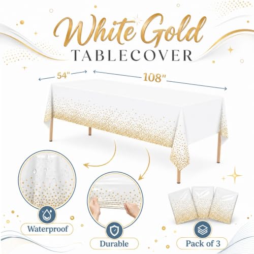Image of Blue Orchards White and Gold Dots Table Cover (Pack of 3 with 20 glue dots) - 54 inchx108 inch XL - Disposable Bridal Shower Tablecloth, Wedding, Graduation Decoration, Picnic & Golden Birthday Party Supplies