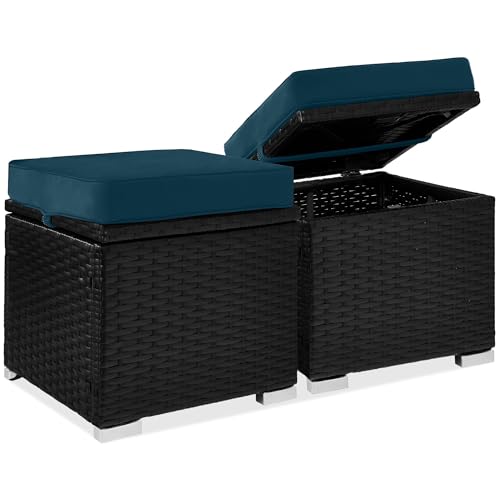 Best Choice Products Set of 2 Wicker Ottomans, Multipurpose Outdoor Furniture for Patio, Backyard, Additional Seating, Footrest, Side Table w/Storage, Removable Cushions - Peacock Blue/Black