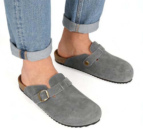 Image of Genuine Suede Clogs Womens Mens Cork Footbed Sandals Potato Shoes | Unisex Suede Leather Mules ,Arch Support,Adjustable Metal Buckle,Cork and Rubber,Wonderful Quality