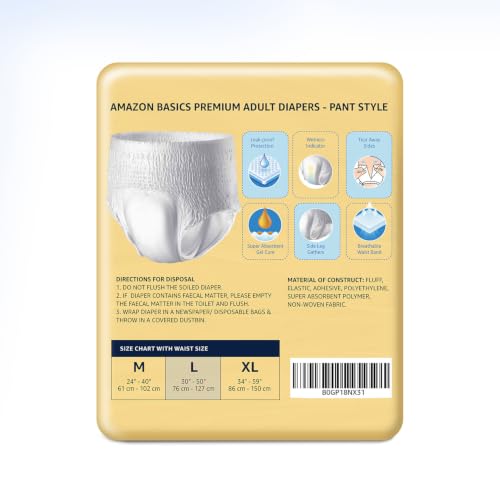 Image of Amazon Basics Economy Adult Diapers Pant Style for Men & Women | Large Size | 60 Count (10 x Pack of 6) | Up to 8 Hours Absorbency | Wetness Indicator | Soft & Comfortable | Disposable | White