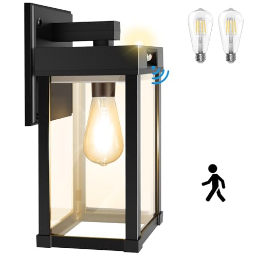 Solar Wall Lights Outdoor with 3 Lighting Modes Motion Sensor Solar Porch Light with 2 Bulbs Waterproof Solar Wall Sconce Solar Wall Lantern Light Fixture for Garage Porch Shed Yard Front Door