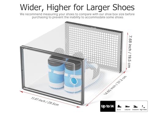 Image of Kuject XXX-Large Shoe Storage Boxes Organizers Clear Plastic Stackable 12 Pack, Shoe Rack & Holder Substitute, Sneaker Containers, Toy Storage Organizer Bins for,Closet, Under Bed, Black(No Fold Line)