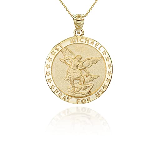 Solid 10K and 14K Yellow Gold 1” Round Saint Michael The Archangel Pray For Us Medal Pendant Necklace - Choose Pendant Only or Necklace w/ 16”-22” Chain