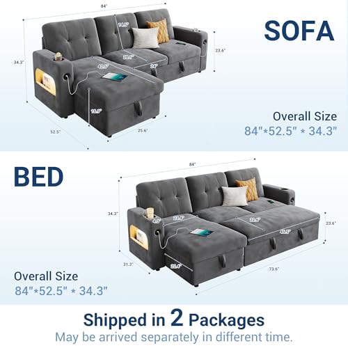 GarveeHome 84 Inch Sleeper Sofa Bed, L-Shaped Sofa, Convertible Pull Out Couch Bed with Storage, Charging Station, LED Lights, Modern Sectional Sofa for Living Room, Apartment, Velvet, Dark Grey - Image 3
