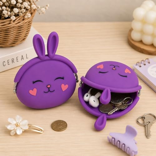 Image of FunBlast Cute Bunny Shape Silicone Coin Purse for Kids & Adults - Mini Pouch for Coins, Earphones, Keys & Small Essentials, Aesthetic Pouches for Girls & Women - 12 X 9.5 X 3 Cm (Bunny-Purple)