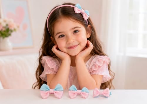 Image of BABIES BLOOM Designer Red Hair Bow, Baby Headband and Hair Accessory Set (Set of 5) (Light Pink Sky Blue)