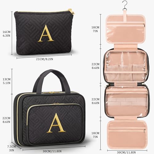 Image of Personalized Gifts for Women, Initial Toiletry Bag Hanging Travel Organizer & Makeup Cosmetic Bag with Embroidery Letter Teacher Appreciation Gift Birthday Mothers Day Gifts for Mom Wife Friend Sister