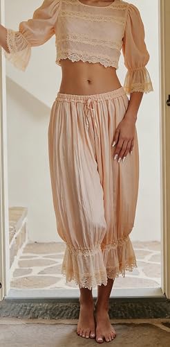 Image of NUFIWI Women Ruffle Long Bloomer Y2k Lace Trim Pettipants Pantaloons Mid Rise Cropped Pajama Pants Under Dress Slips