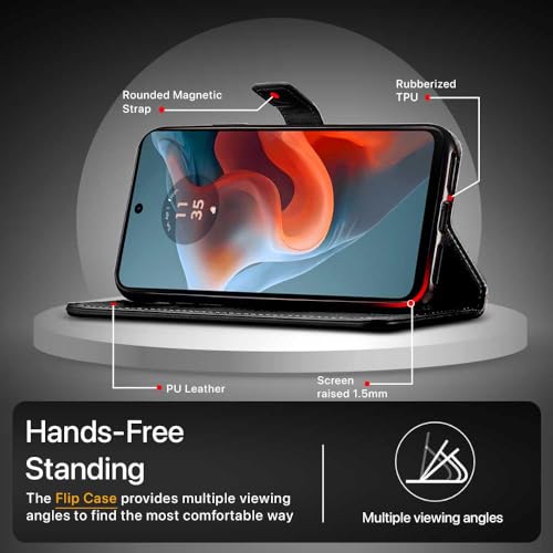 Image of WOW IMAGINE Shock Proof Flip Cover Back Case Cover for Motorola Moto G34 5G | Moto G45 5G (Flexible | Leather Finish | Card Pockets Wallet & Stand | Black)