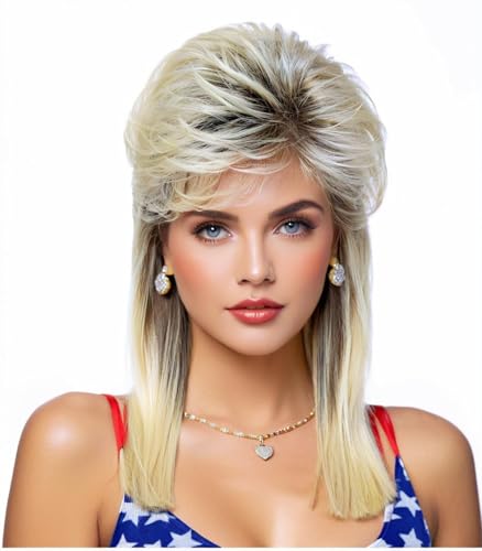 Cariniss Mullet Wig for Women Shoulder Length Synthetic Cosplay Wig 80s Wigs Halloween Cosplay Daily Hair Wigs (Blonde Mix Black)